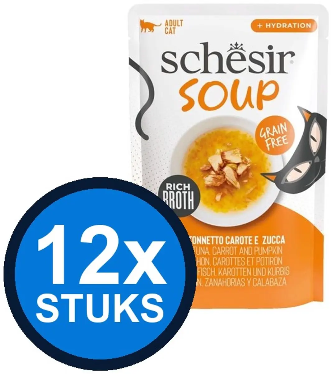 12x Schesir Complementary kat blik bouillon tonijn&pompoen 70gr