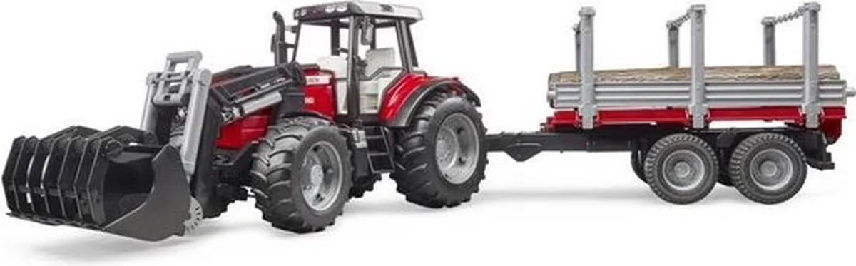 Bruder 02046 Massey Ferguson 7480 Tractor met Voorlader - Houttransport Trailer - Kleurenmix