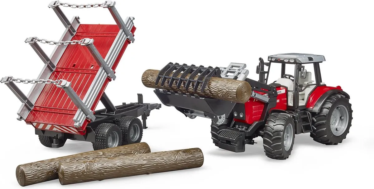 Bruder 02046 Massey Ferguson 7480 Tractor met Voorlader - Houttransport Trailer - Kleurenmix