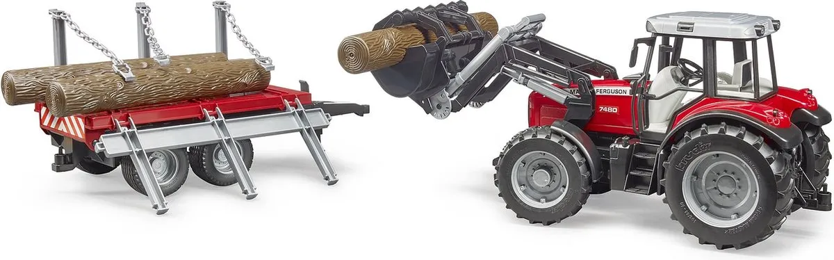 Bruder 02046 Massey Ferguson 7480 Tractor met Voorlader - Houttransport Trailer - Kleurenmix
