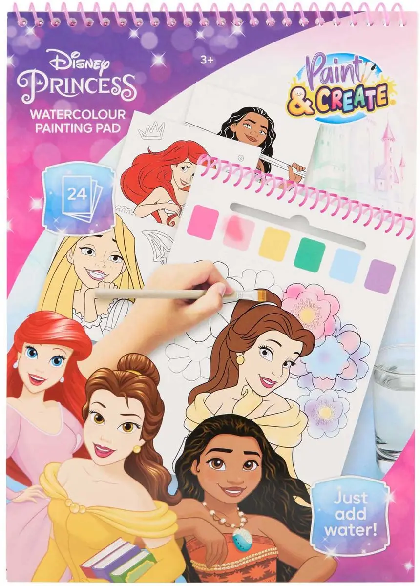 Disney Princess waterverf kleurboek, 24 kleurplaten met penseel