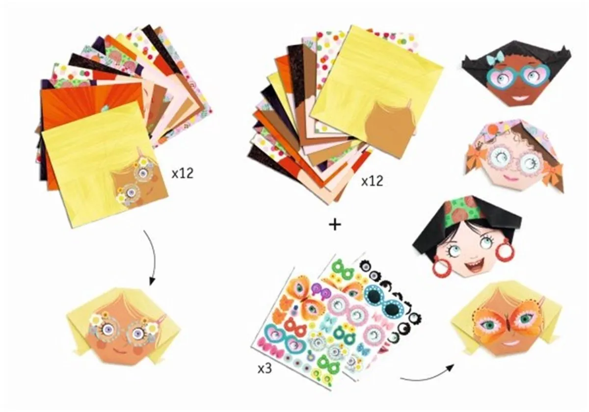 Djeco Pretty Faces Origami Set - 24 Vellen + 3 Stickers - Multicolor - afbeelding 2 van 6