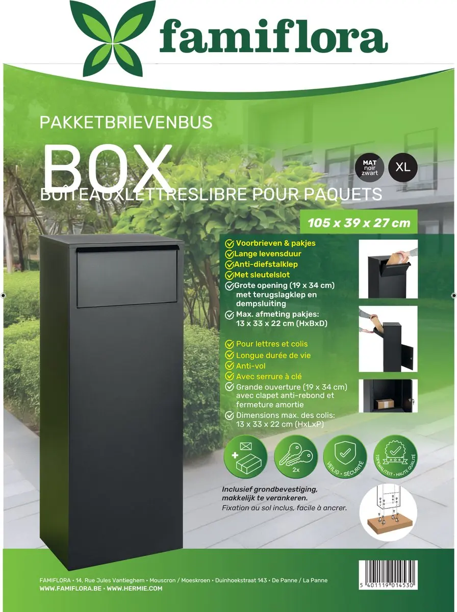 Famiflora Pakketbrievenbus BOX met sleutelslot - 105x39x27cm - Mat zwart