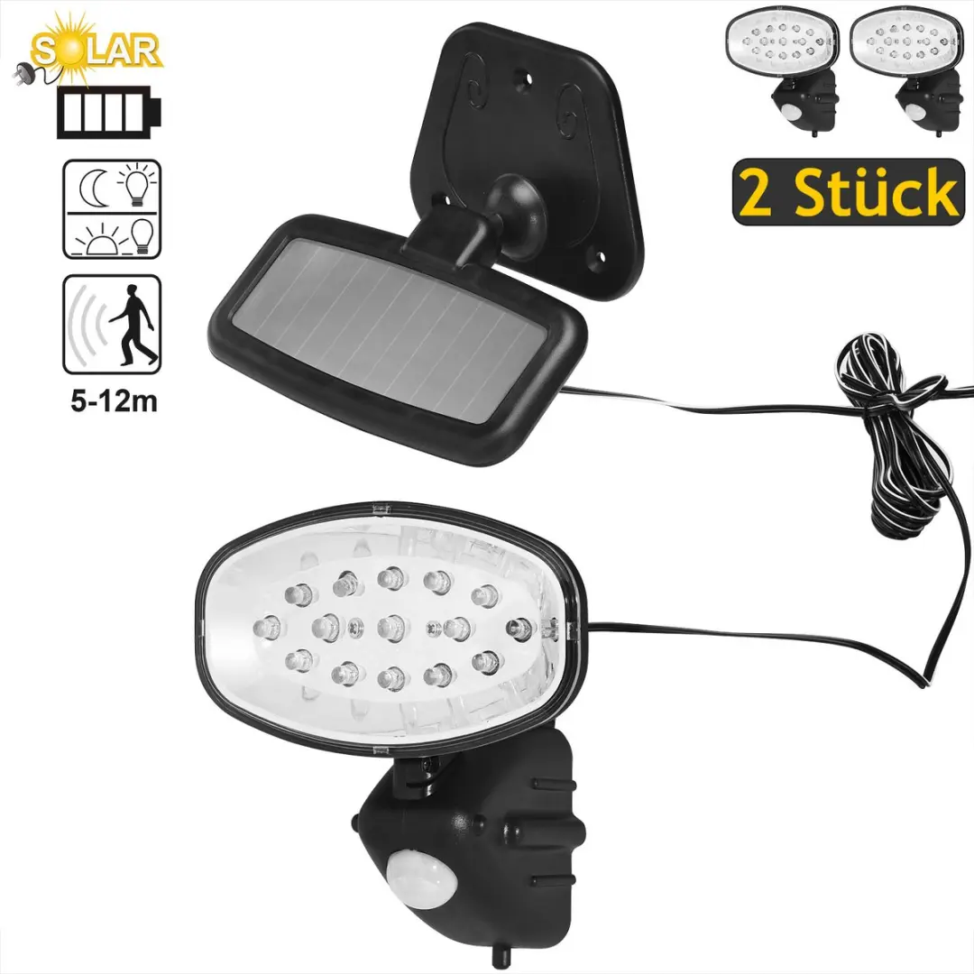 Deuba LED Zonne-Buitenlamp 2 Stuks - Bewegingssensor - Zwart