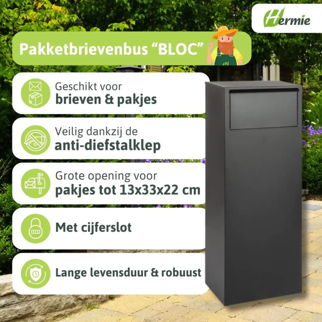 Famiflora BLOC Pakketbrievenbus - Mat Zwart - 105x39x27cm