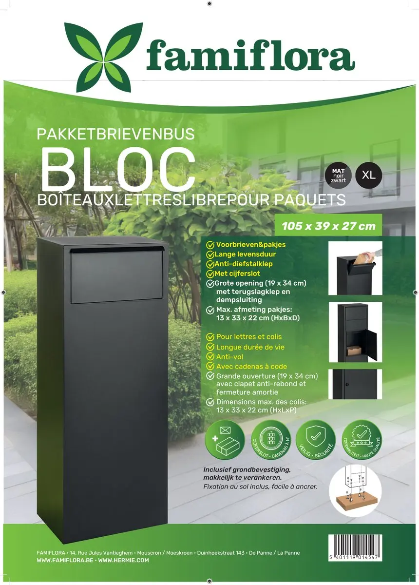 Famiflora BLOC Pakketbrievenbus - Mat Zwart - 105x39x27cm