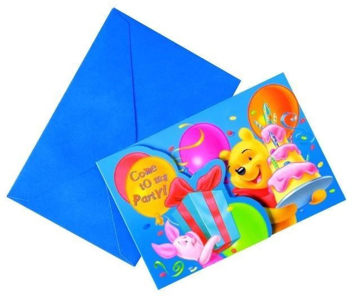 Disney Winnie de Poeh Verjaardagset - 6 Uitnodigingen & Enveloppen Blauw