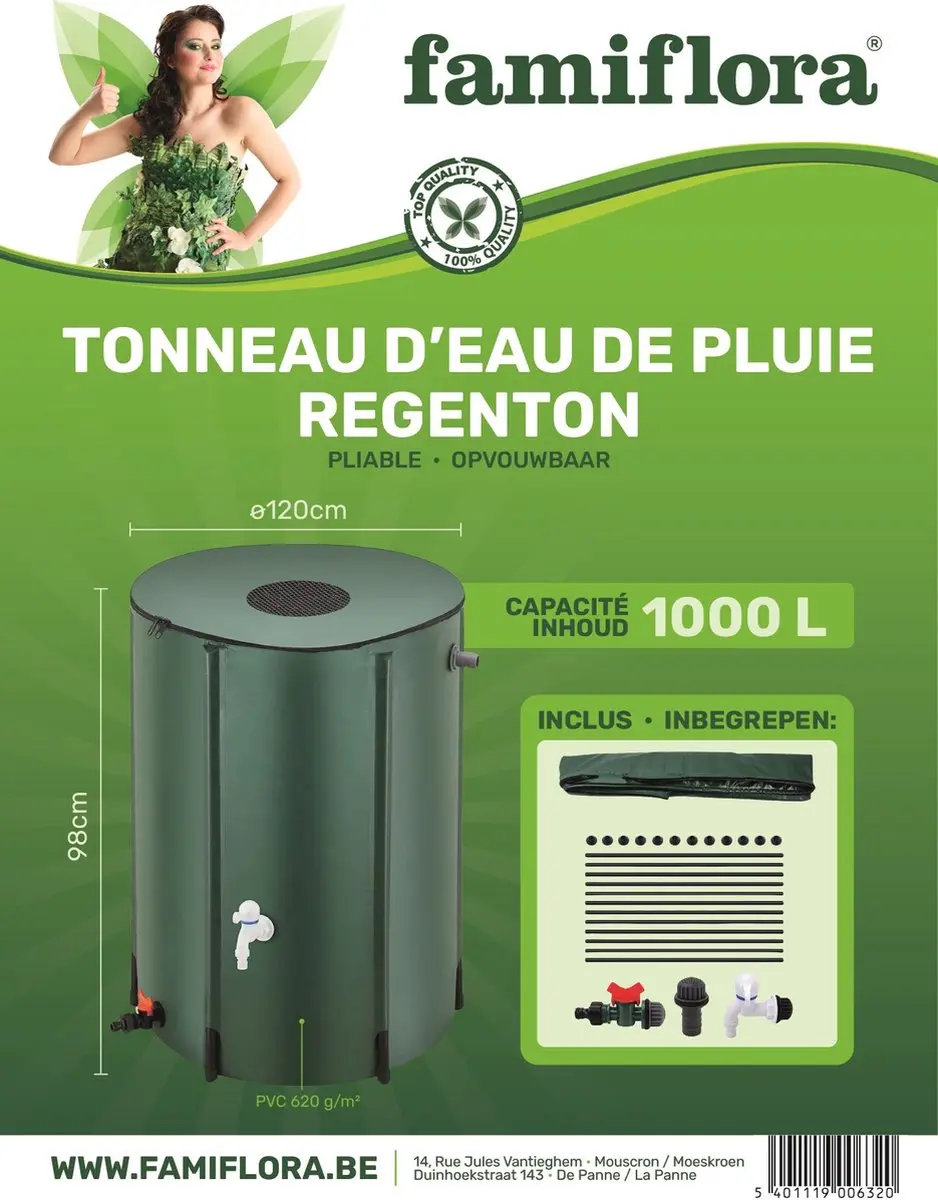 Famiflora Opvouwbare Regentonnen 1000L - Ø120cm x H98cm - Groen