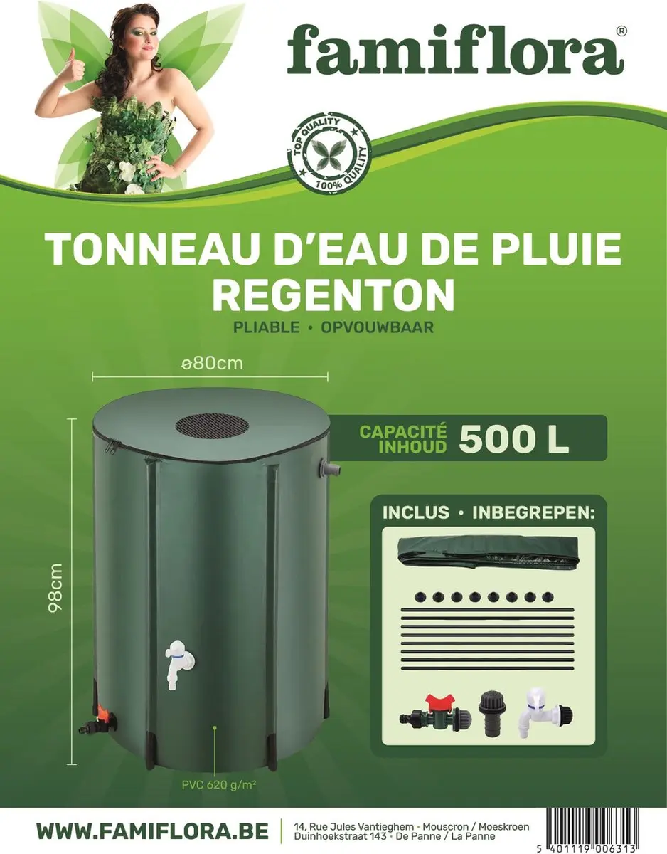 Famiflora Opvouwbare Regentonnen 500L - Ø80 x H98cm - Groen