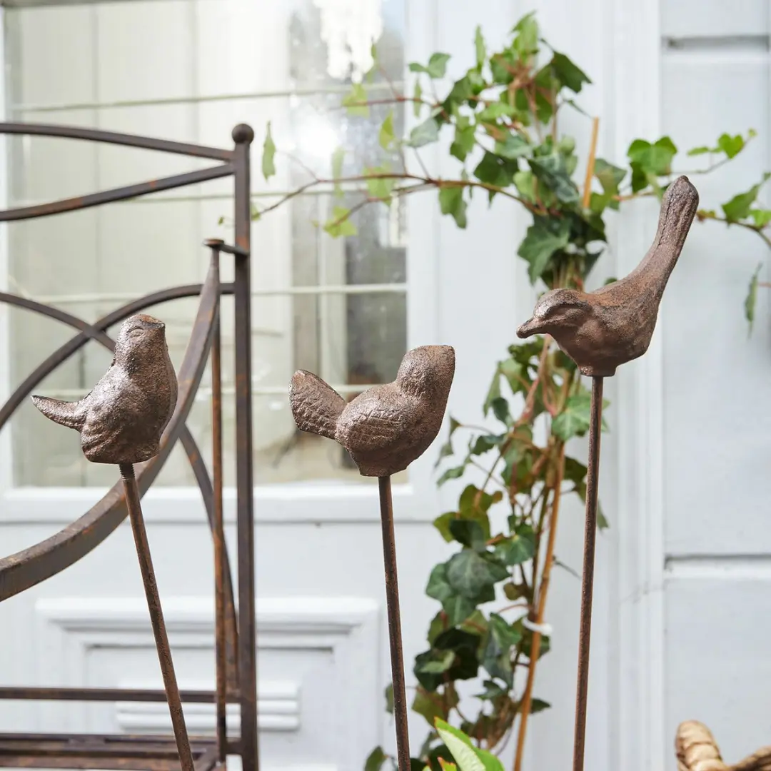 Loberon Tuinstekers Antiekbruin - Set van 3 met vogels
