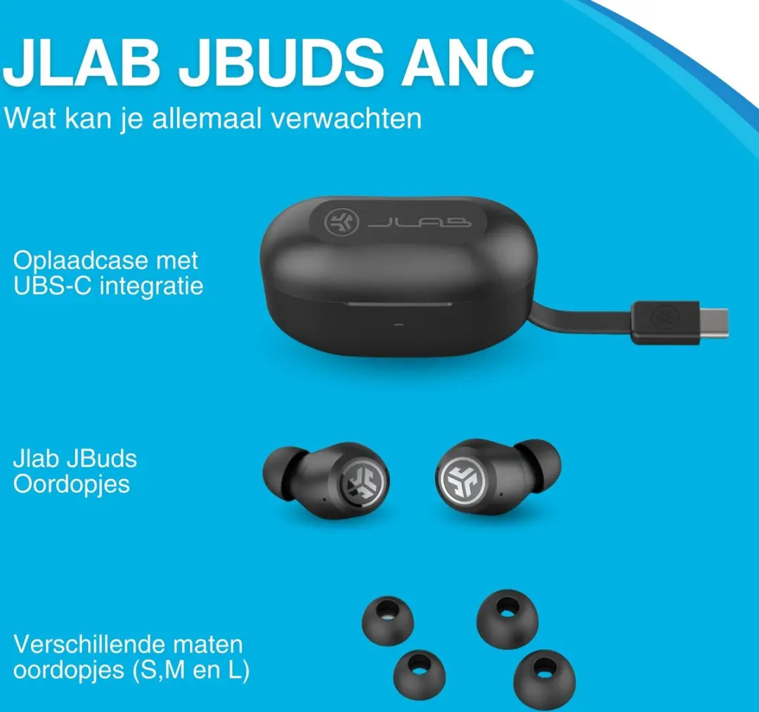 JLab JBuds Pop ANC IEUEBJBANCRBLK82 Oordopjes - Noise Cancelling - 42+ uur - Zwart - afbeelding 6 van 6