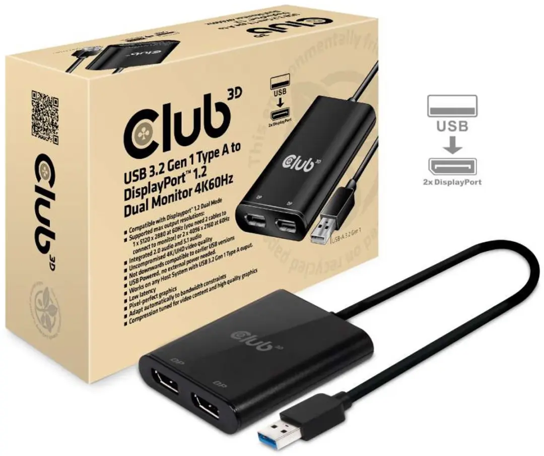 Club 3D USB-A naar DisplayPort™1.2 Dubbele Monitor 4K60Hz Splitter