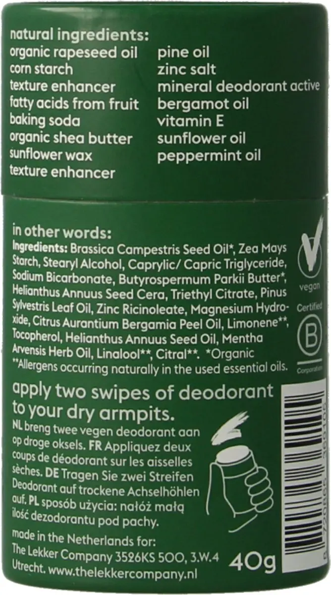 The Lekker Company Deodorant Stick Be Active Woodland 40g