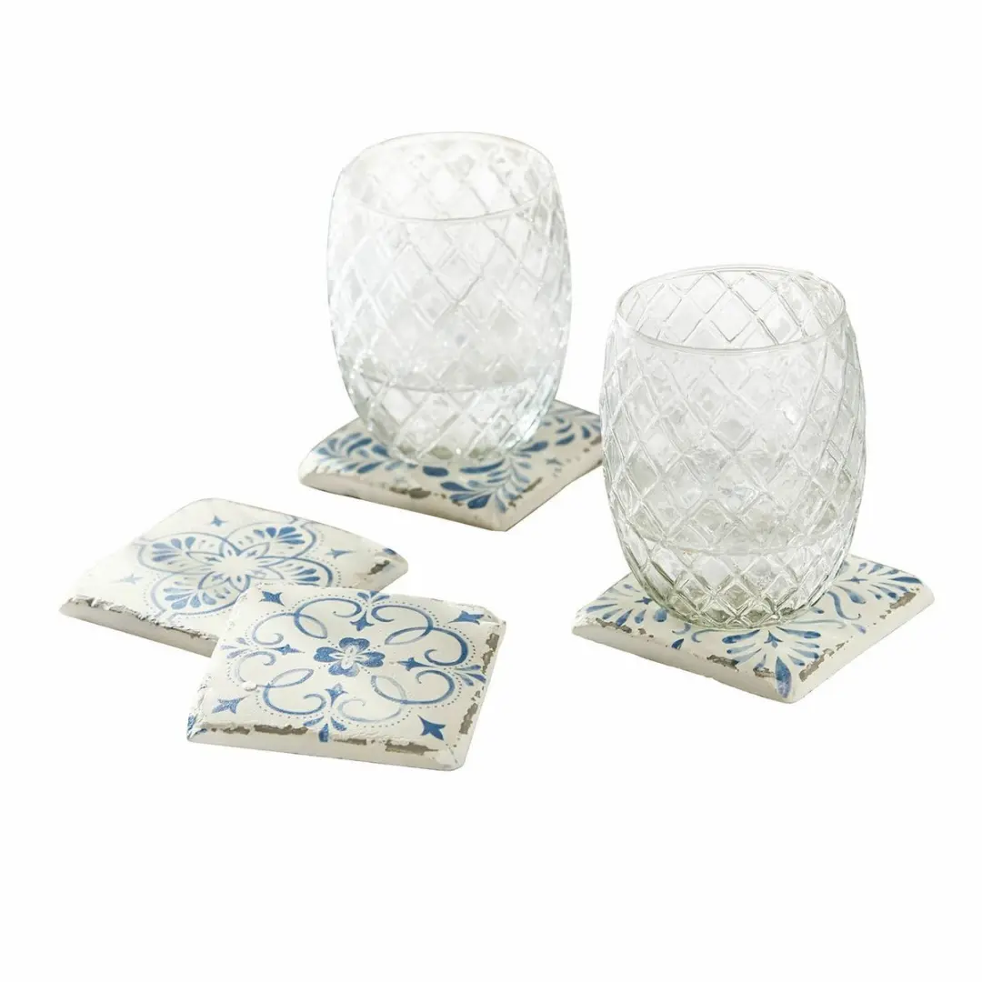 Loberon Onderzetterset 4 Stuks - Évry - wit/blauw