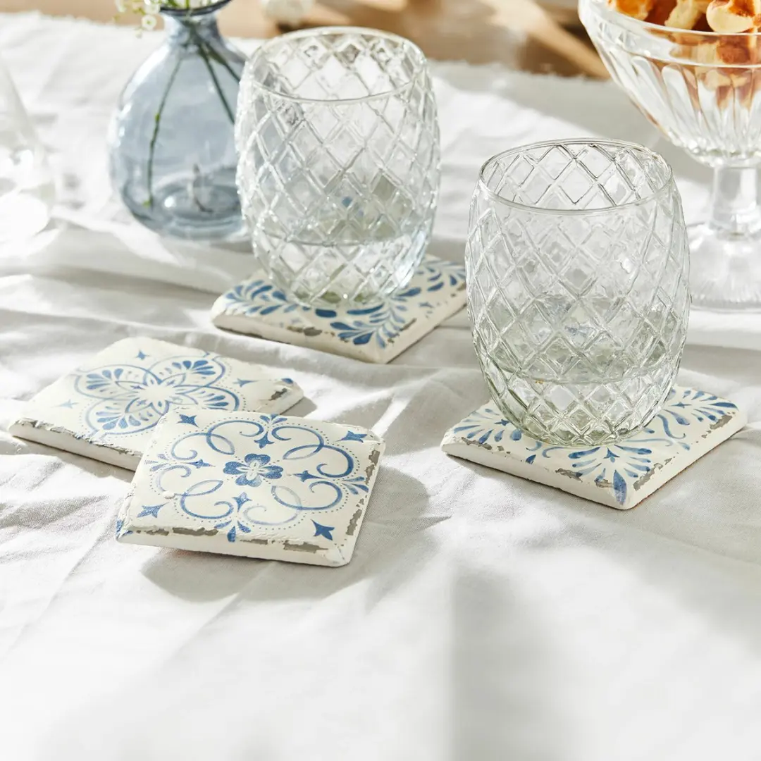 Loberon Onderzetterset 4 Stuks - Évry - wit/blauw