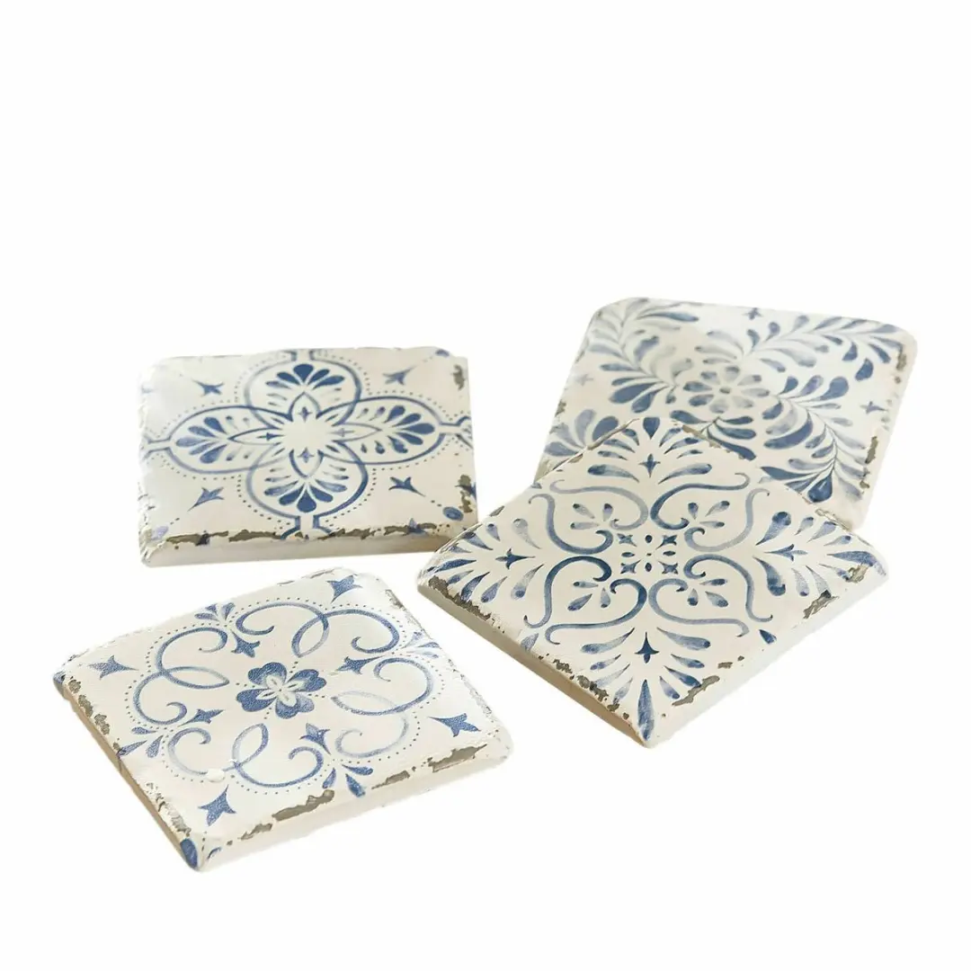 Loberon Onderzetterset 4 Stuks - Évry - wit/blauw