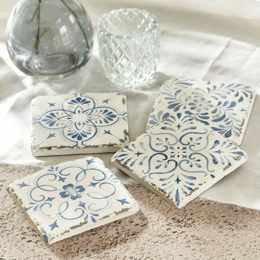 Loberon Onderzetterset 4 Stuks - Évry - wit/blauw