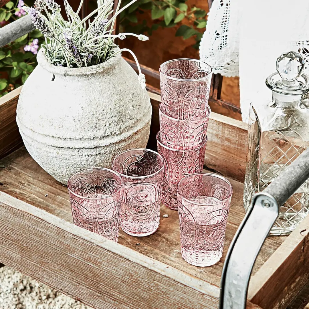 Loberon Fleury Glas Set - 6 Stuks - Ø7cm - Roze - afbeelding 4 van 6