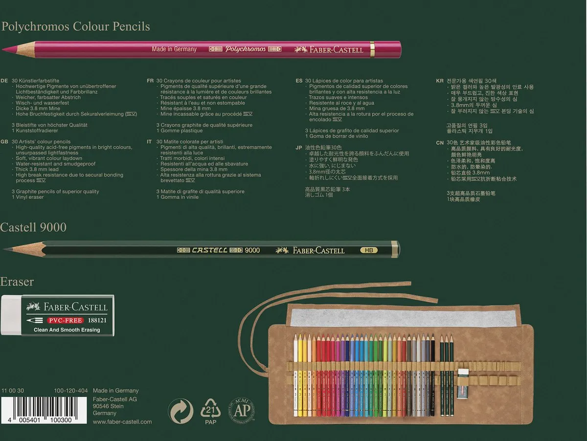 Faber-Castell Polychromos 34 Stuks - 30 Kleuren Roletui