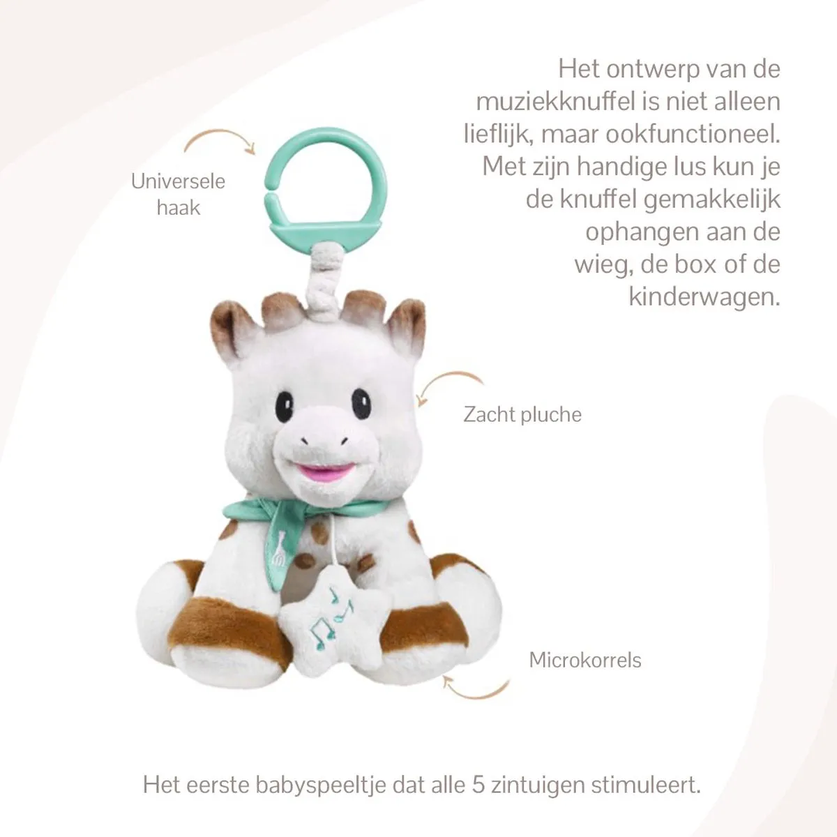 Sophie de Giraf Muziekknuffel - Pluche - 27x11x23cm - Wit/Bruin/Turquoise