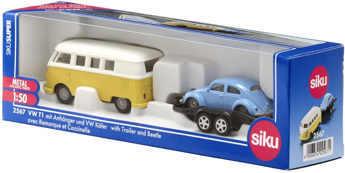 SIKU 2567 VW T1 Samba met Transportwagen & Kever - 1:50 - Metaal/Kunststof - Multicolor