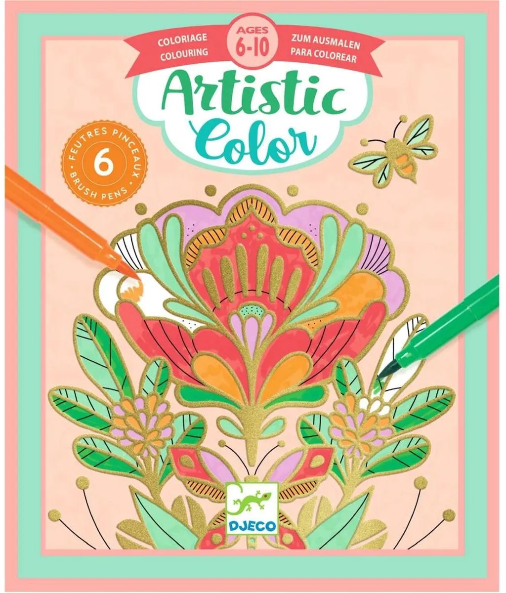 Djeco Artistic Color Flora - 4 Kleurkaarten & 6 Penseelstiften Multicolor
