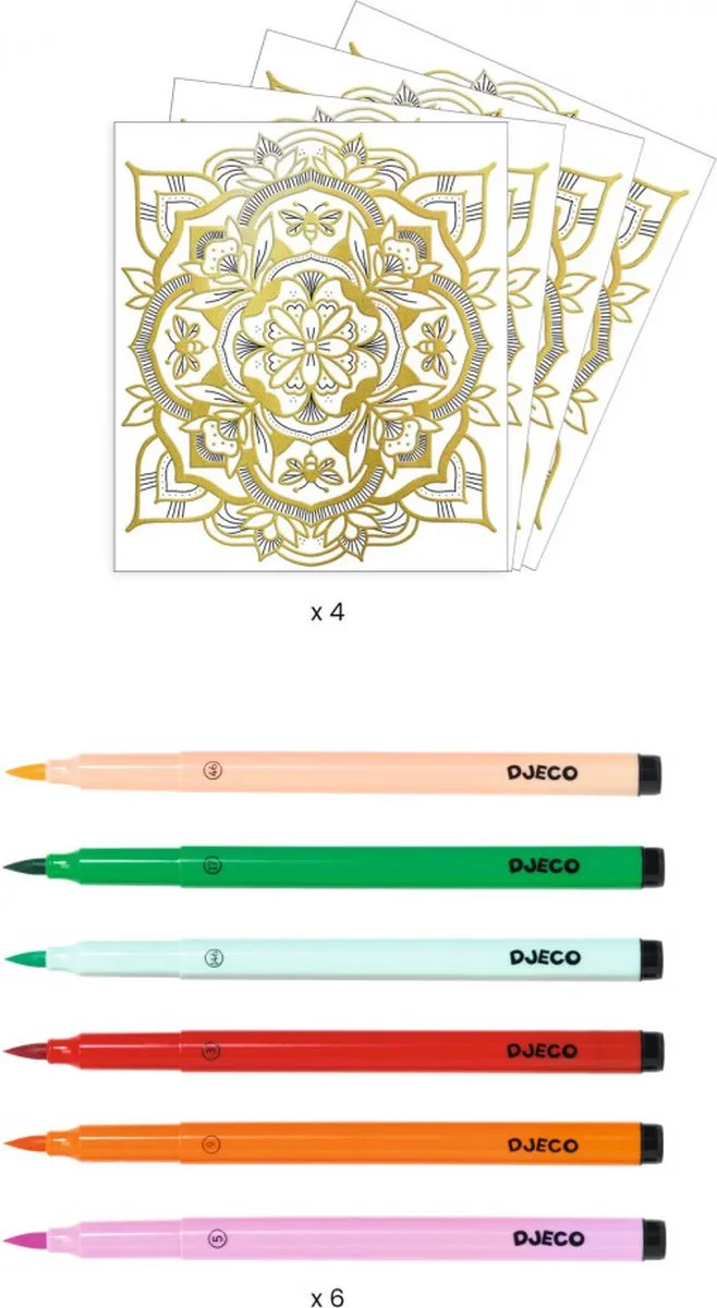 Djeco Artistic Color Flora - 4 Kleurkaarten & 6 Penseelstiften Multicolor