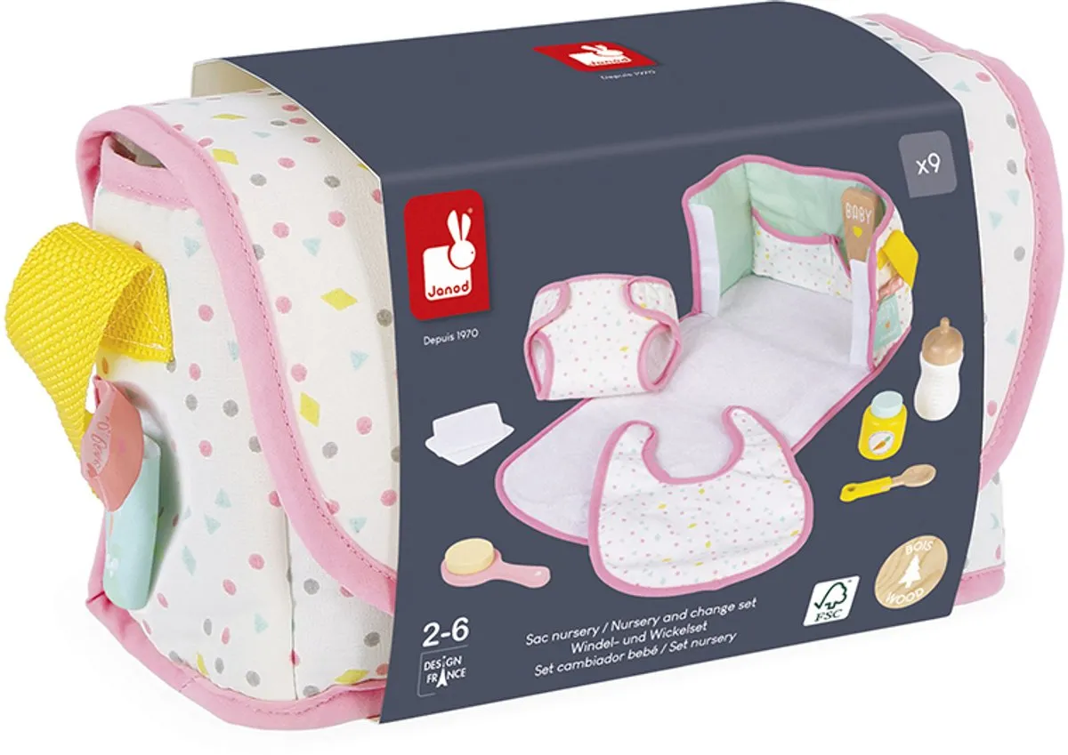 Janod J06501 Poppen Verschoningstas - 8 Accessoires - Multikleur