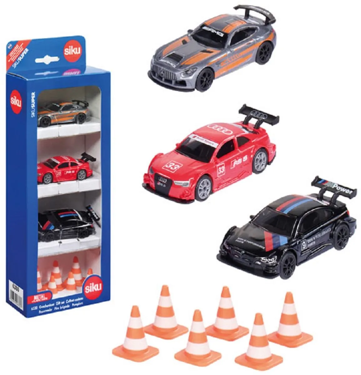 SIKU 6331 Cadeauset Race - Mercedes-AMG GT4/Audi RS 5/Bmw M4 - 6 Verkeerskegels