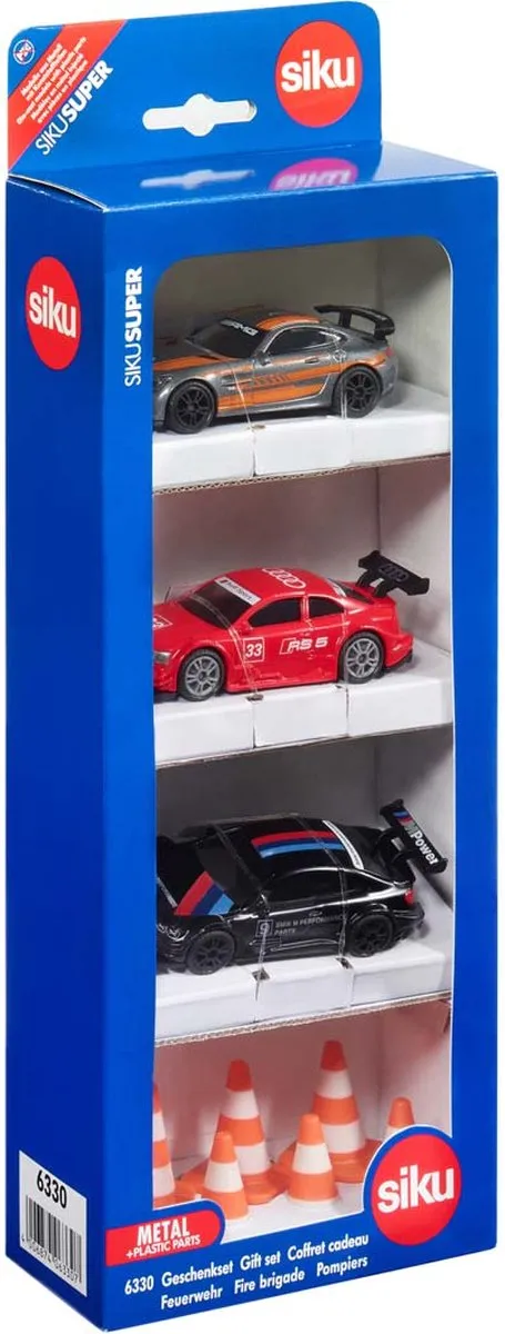 SIKU 6331 Cadeauset Race - Mercedes-AMG GT4/Audi RS 5/Bmw M4 - 6 Verkeerskegels