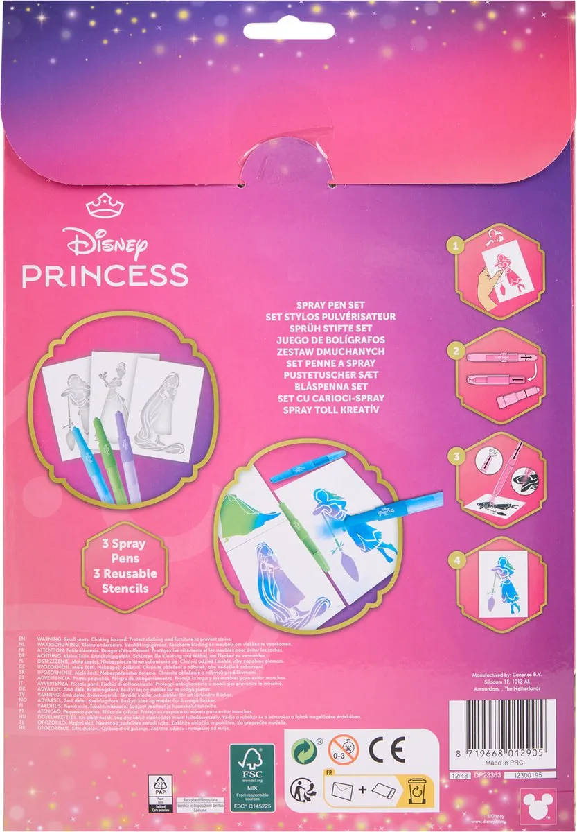 Disney Princess Spray Pen Set - 3 Sjablonen & Blaaspennen - Multikleur