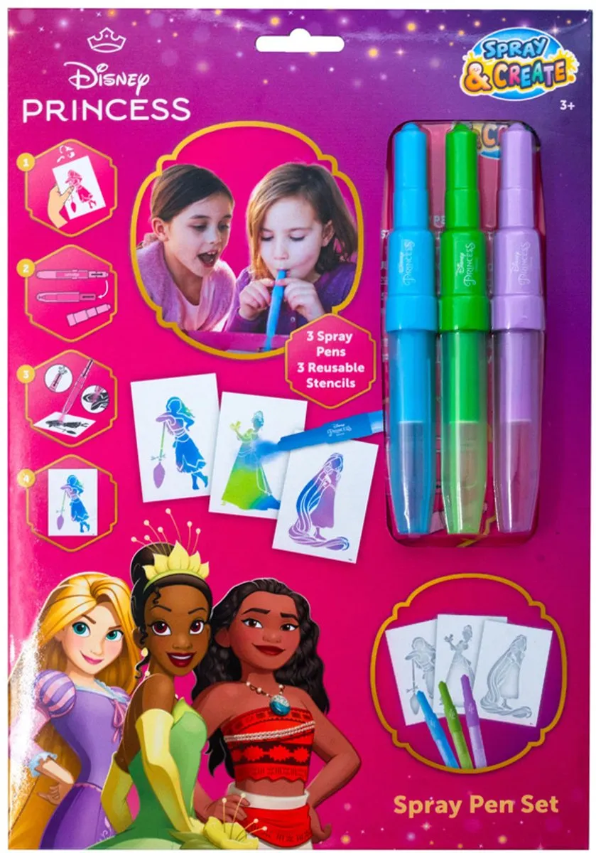 Disney Princess Spray Pen Set - 3 Sjablonen & Blaaspennen - Multikleur