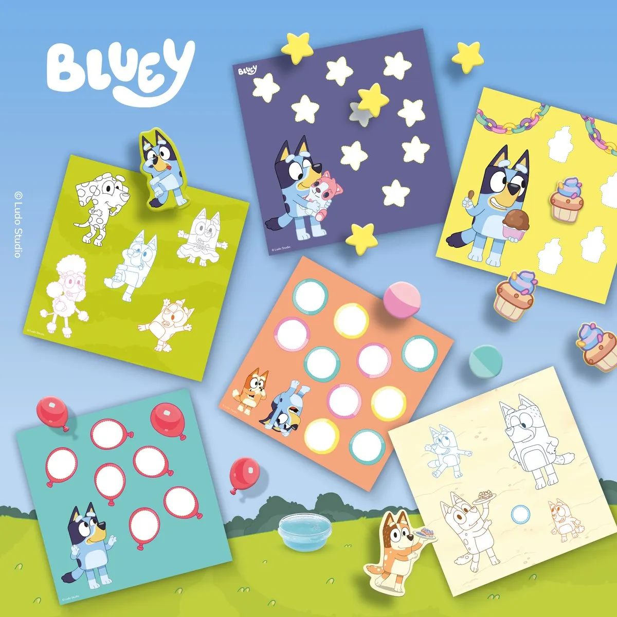 SES Creative Bluey Vormen Plakken met Vingerlijm - 6 Plakkaarten + Figuurtjes