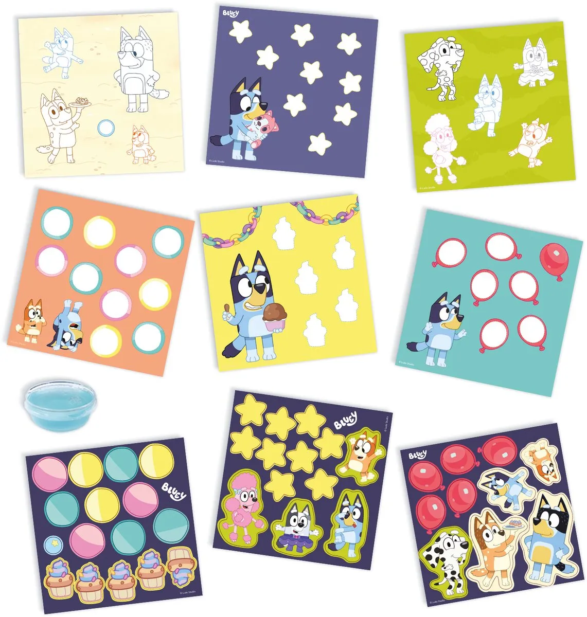 SES Creative Bluey Vormen Plakken met Vingerlijm - 6 Plakkaarten + Figuurtjes