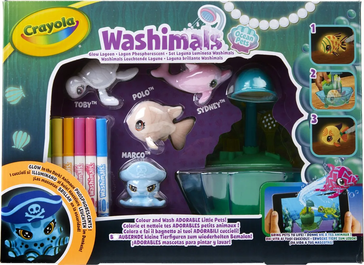 Crayola Washimals Ocean Glow Pets Set - 4 Dieren + 6 Viltstiften