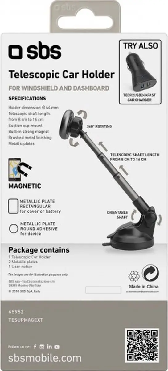 SBS Telescopic Zuignap Telefoonhouder Auto TESUPMAGEXT - Zwart