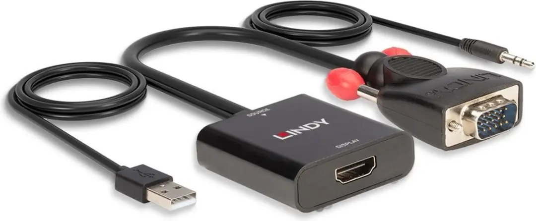 Lindy 38284 video kabel adapter VGA (D-Sub) + 3.5mm HDMI + USB Zwart