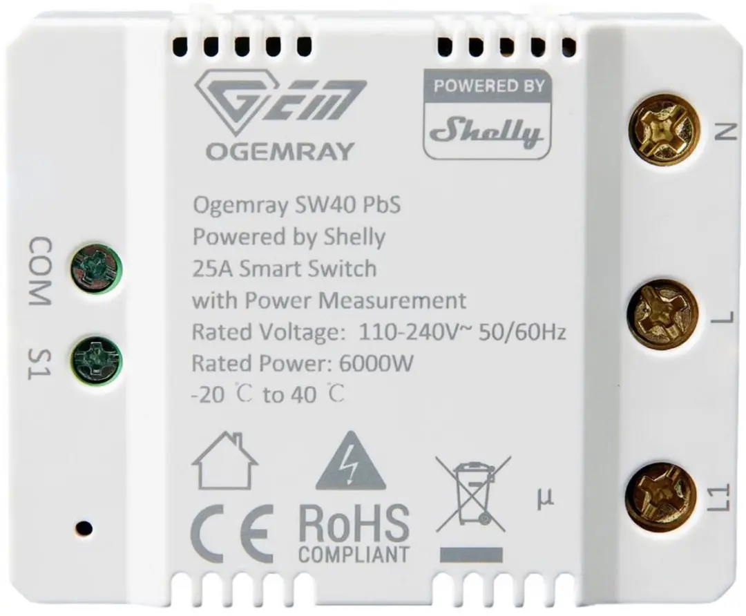 Shelly Ogemray Smarter Relaisschakelaar 25A Bluetooth/WiFi - Shelly_PbS_SW40 - Wit