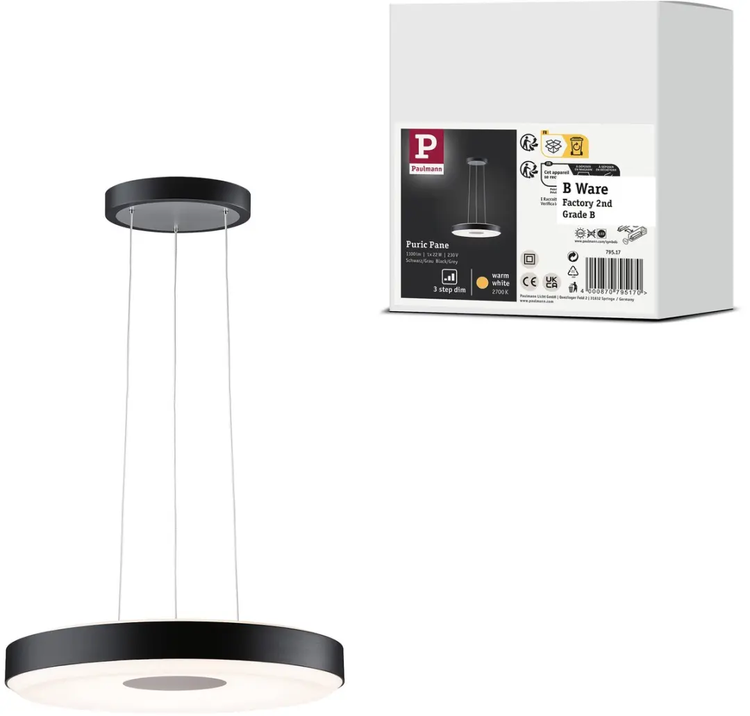 LED-hanglamp 3-Step-Dim B-waar Pane 2700K 1100lm 22W Zwart, Grijs dimbaar