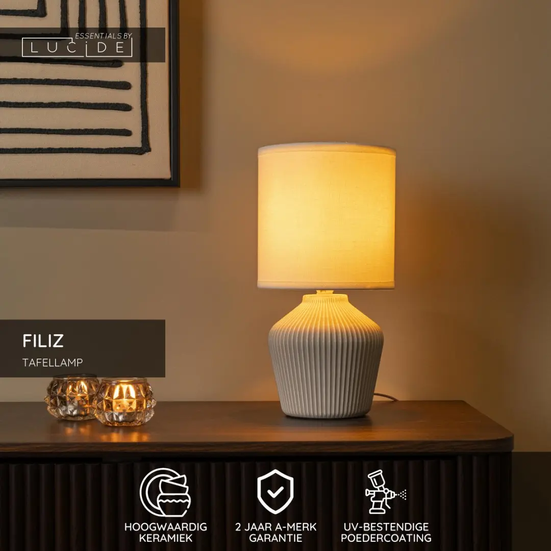 Lucide Filiz Tafellamp Ø16cm - 1xE14 - Beige - afbeelding 2 van 4