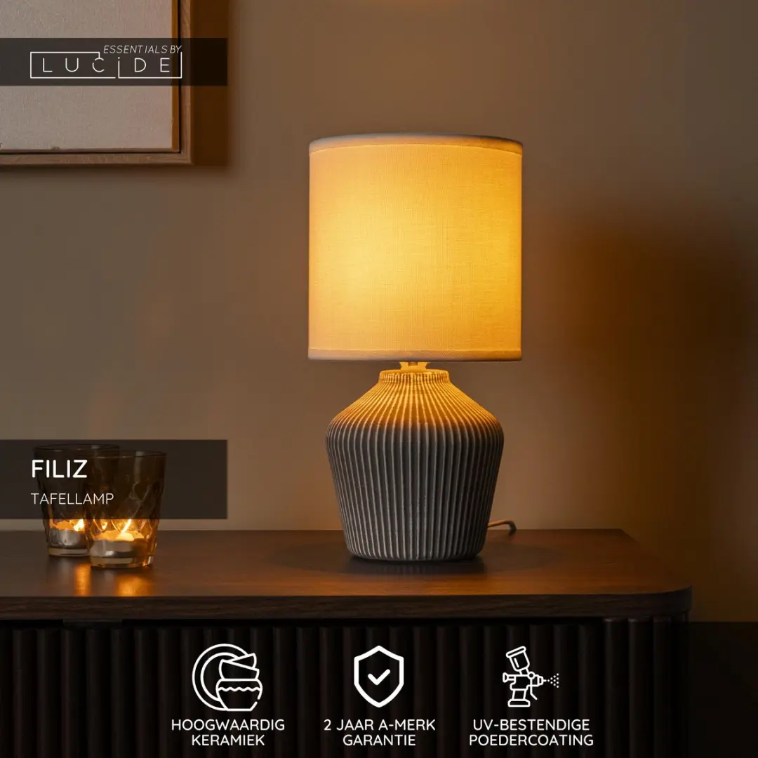 Lucide Filiz Tafellamp Ø16cm - 1xE14 - Taupe - afbeelding 2 van 4