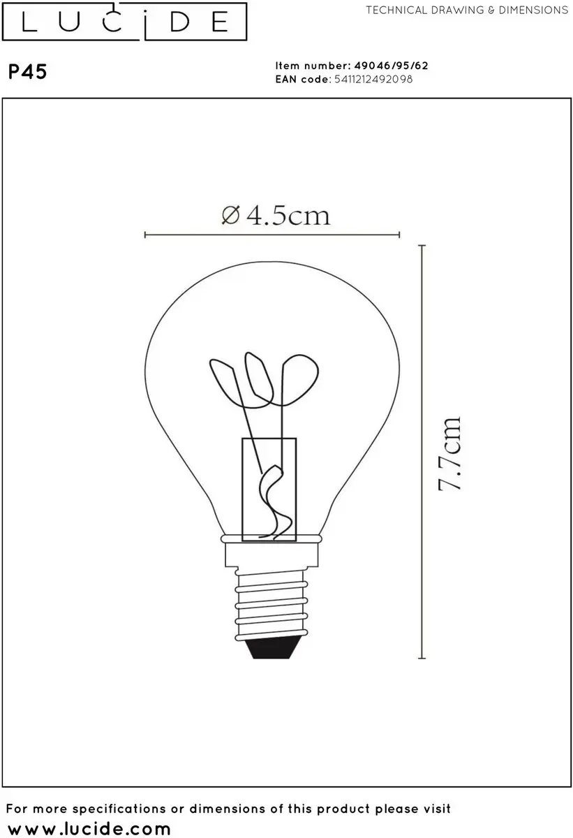Lucide P45 LED Filamentlamp 3W 2200K - E14 - Amber - afbeelding 5 van 6