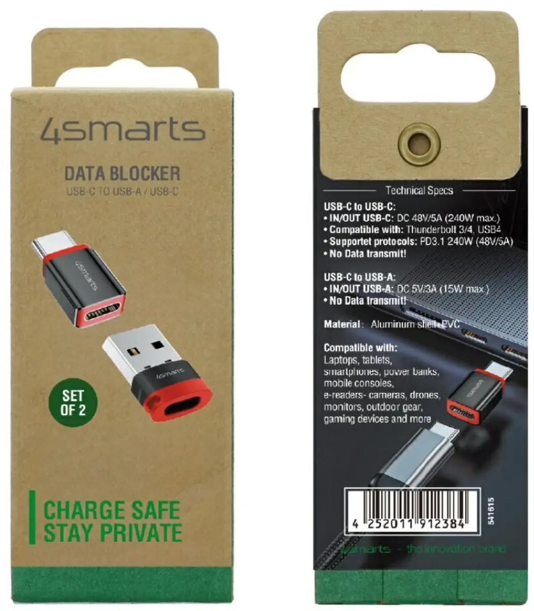 4Smarts Adapter Datablocker USB-C naar USB-A/USB-C - 2 Stuks - Transparant - afbeelding 2 van 5