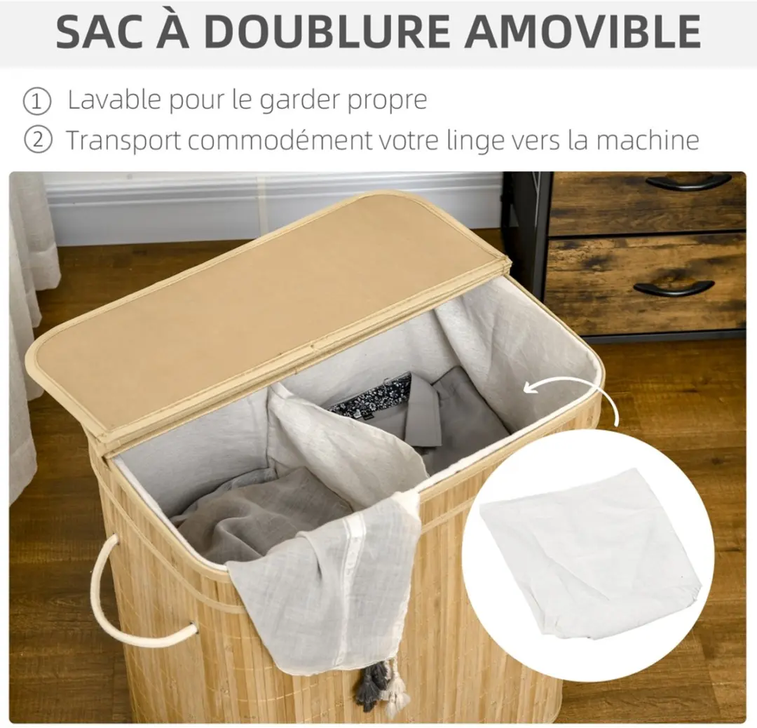 Homcom Wasmand Bamboe 54x35x60cm - afbeelding 6 van 6