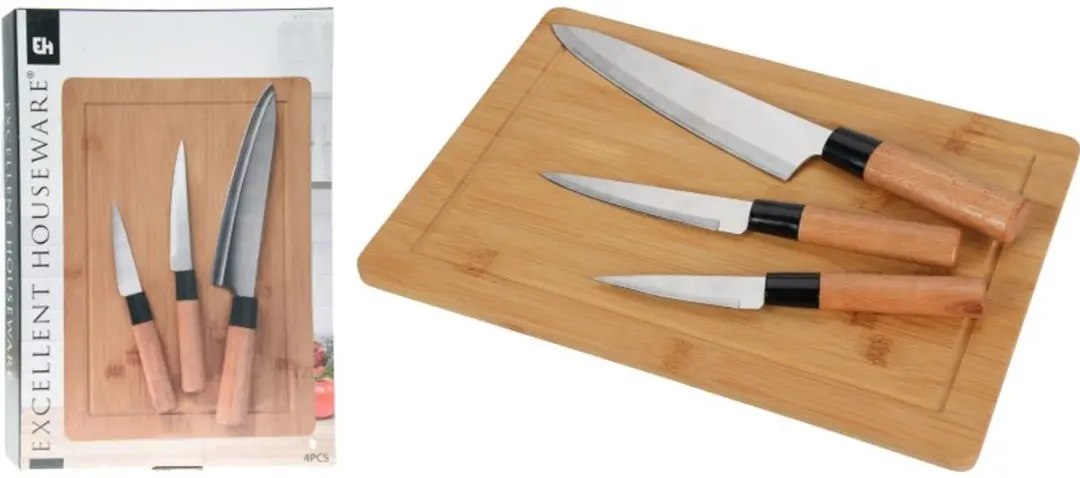 Keukenmessenset met snijplank, 4 stuks, bamboe