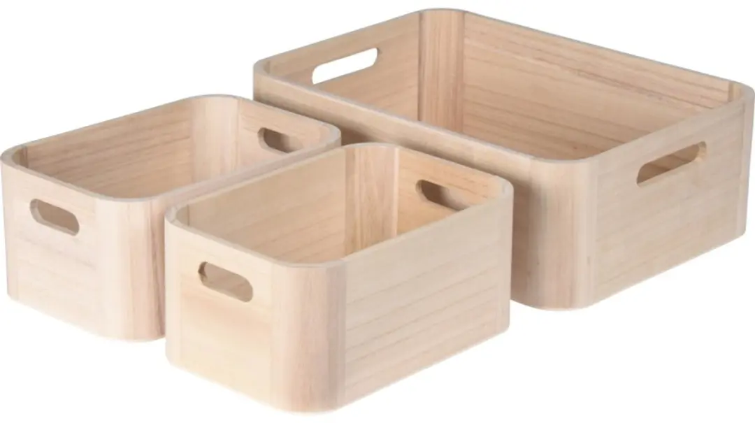 Set van 3 houten opbergbakken, naturel