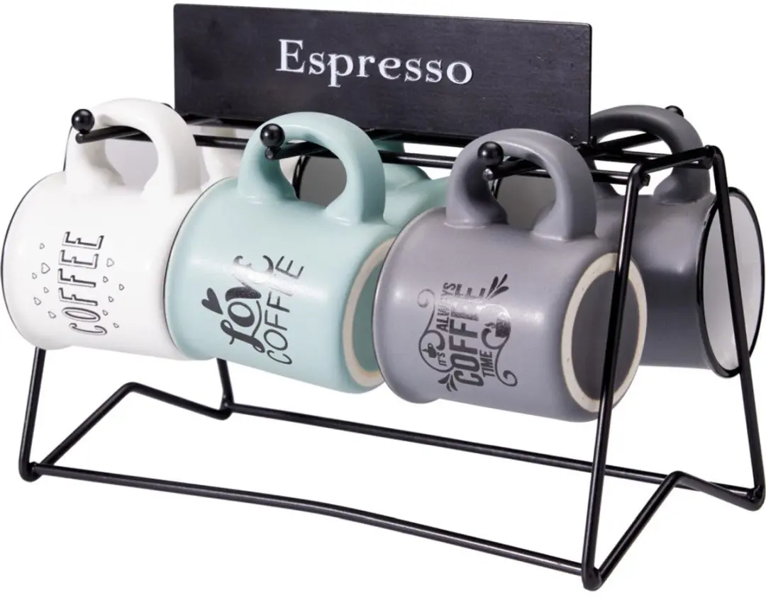 Set van 6 keramische mokken in een metalen houder, 110 ml