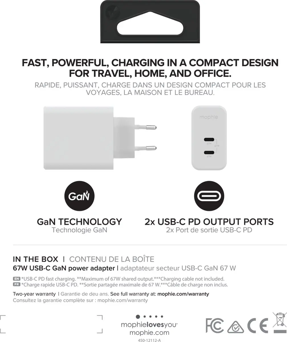 mophie Speedport 67W Snellader - 2x USB-C - Wit - afbeelding 5 van 6