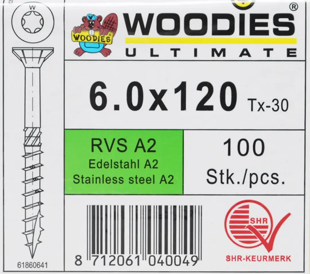 Woodies Ultimate Torx RVS 6x120 Platverzonkenkopschroef - 100 Stuks