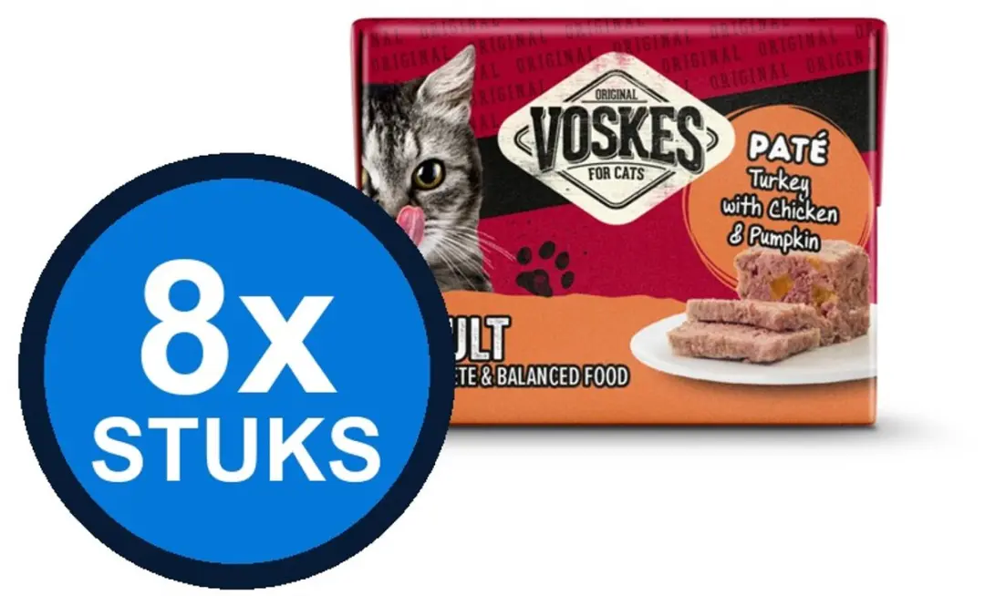 8x Voskes Original Paté Adult Kalkoen Kip & Pompoen Multipack 8x95g